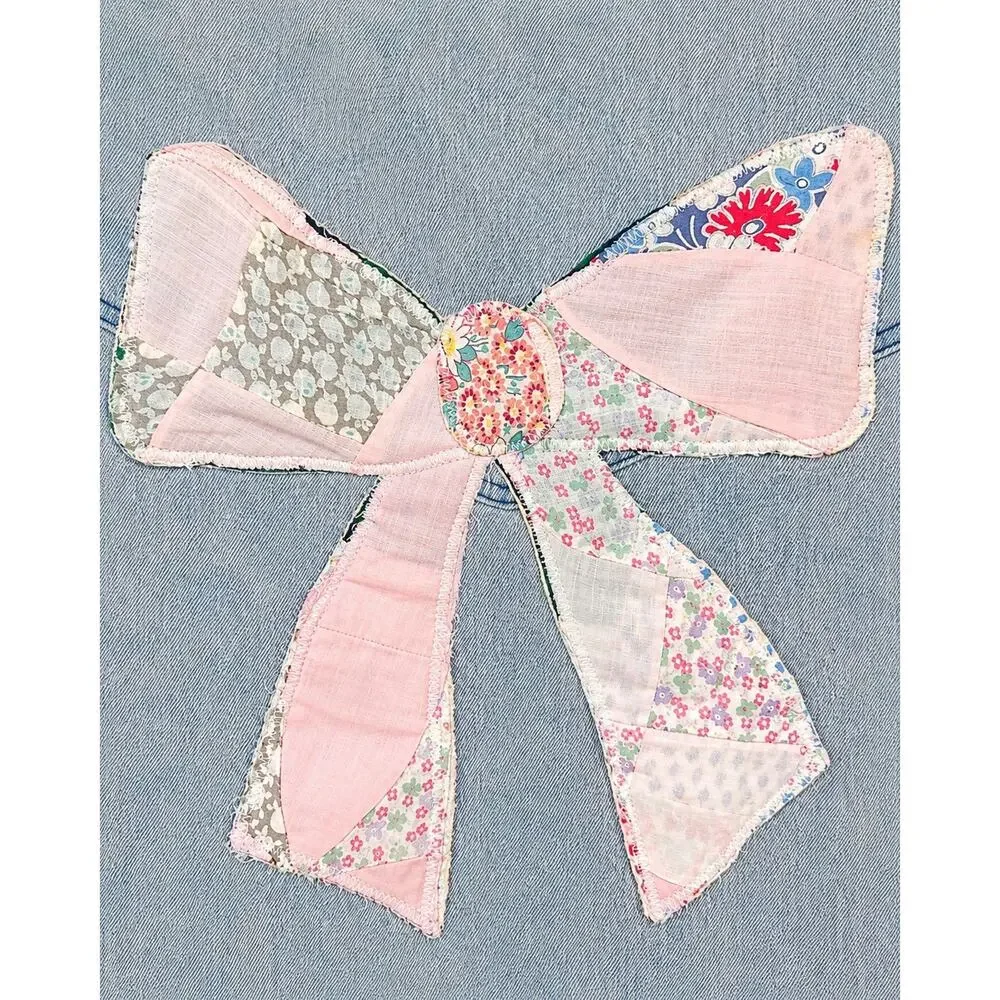 Denim Jacket Women‎ Large Cropped Bow Embroidered Applique Coquette Light Wash